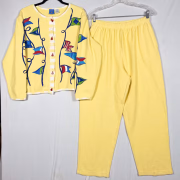 Vtg ONQUE Nautical Lounge Set Cardigan M & Pants L Yellow Cotton Coastal 90s Y2K
