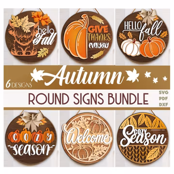 Beautiful Fall Door Hanger SVG Bundle, Autumn Round Wood Sign Bundle, Laser Cut File, Fall Welcome Frobt Door Decor, Front Porch Sign
