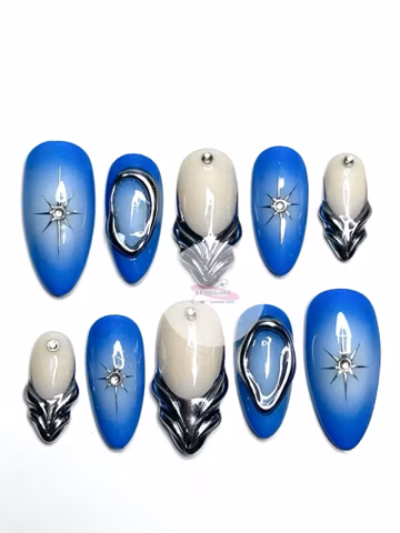 Blue Gradient Press On Nails | Silver Chrome Star, Handmade Luxury Set
