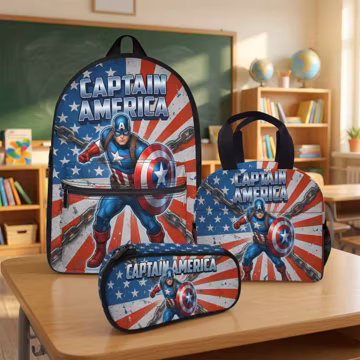 Custom Captain America Backpack, Personalized Superhero School Bag Set with Matching Lunch Tote and Pencil Case, Back to School Gift