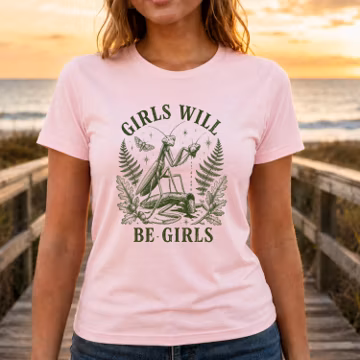 Girls Will Be Girls Praying Mantis Shirt, Nature Lover Tee, Feminist Botanical Shirt, Cottagecore Tee, Vintage Insect Shirt, Entomology Gift