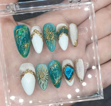 Green nails,Custom Hand painted Acrylic Nails, 3D Press On Nail, Butterfly Nails,Blossom French Press On Nails,Ombre Nail Art,Girl gift