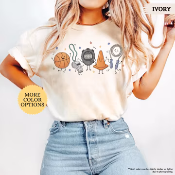 Comfort Colors® PE Teacher Doodle Character Shirt, Physical Education Tee, Happy Whistle Basketball Shirt, First Day Of School T Shirt