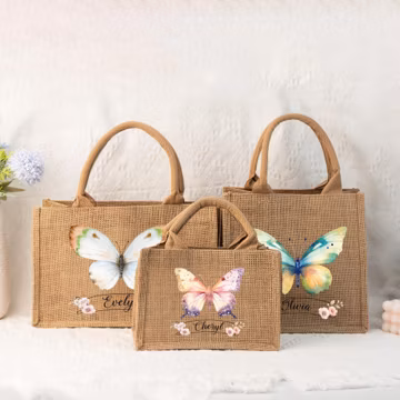 Personalised Burlap Tote Bag,Butterfly Tote Bag,Custom Name Jute Bag,Bridesmaid Gift,Birthday Gift For Her,Bridal Party Gift,Mother's Day