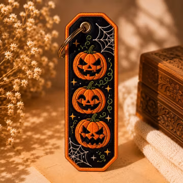 Custom Embroidered Halloween Pumpkin Keychain Jack O Lantern Key Fob Spooky Autumn Bag Charm Personalized Fall Gift