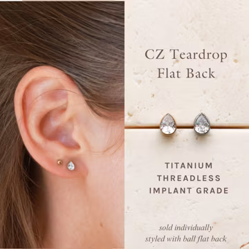 CZ Teardrop Flat Back Stud Titanium Earring, Threadless, Push Pin Earring, CZ Stud, Dainty Stud Piercing Hypoallergenic, Medical Grade FEXI