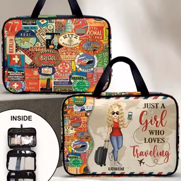 Just A Girl Who Loves Traveling - Personalized Toiletry Bag, Custom Makeup Bag, Travel Toiletry Bag, Cosmetic Bag, Birthday Gift