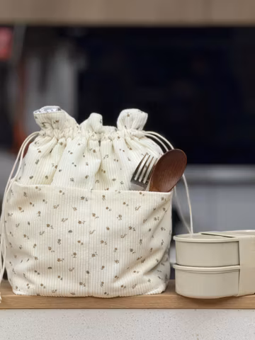 Floral Corduroy Insulated Lunch Bag | Drawstring Bento Tote