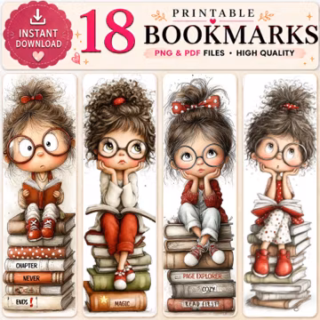Whimsical Bookish Girl Printable Bookmarks, Reading Lover Gift Set (PDF PNG)