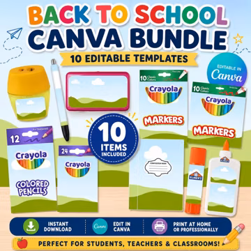 Back to School Canva Template Bundle | School Supply Labels | Editable Pencil Box, Crayon Box, Marker Box, Notebook Cover | 10 Items