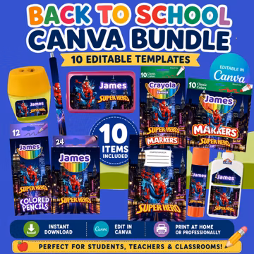 Super Hero Back to School Canva Bundle | 10 Editable School Supply Templates | Personalized Labels for Kids | Marker, Crayon & Notebook