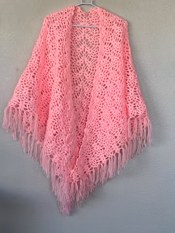 Hand Knit Soft Pink Crochet Shawl: Fringed Acrylic Lace Scarf
