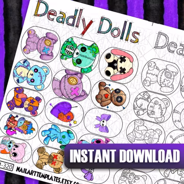 Deadly Dolls Nail Art Practice Sheets: Halloween Creepy Decal Templates