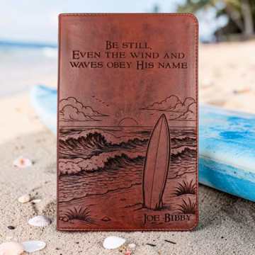 Personalized ESV Bible Large Print: Engraved with Ocean Waves and Surfboard Design, Custom Name
