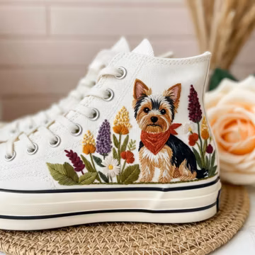 Custom Dog Embroidered Converse Shoes, Dog Portrait With Floral Embroidered Shoes, Personalized Pet Sneakers For Pet Lovers