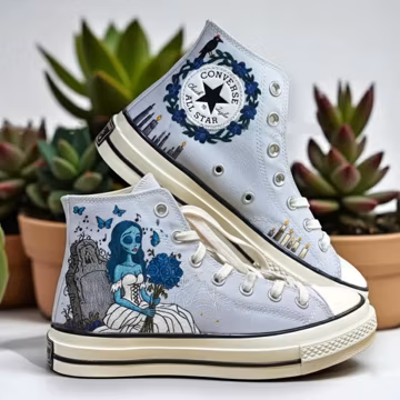 Corpse Bride Embroidered Converse Shoes, Gothic Wedding Sneakers, Custom White Canvas Shoes,Spooky Bride Gift