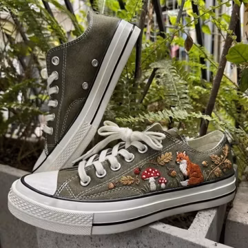 Fox Embroidered Low Top Sneakers, Woodland Forest Canvas Shoes, Mushroom Autumn Custom Low Tops, Nature Lover Gift