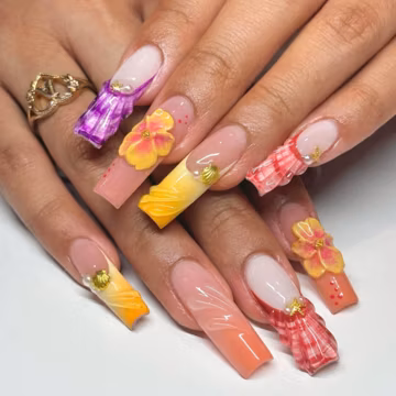 Free Style With 3D Seashell Long Press On Nails, Custom Fake Acrylic Nails, Trendy Glue on Nails, Holiday Nails, Summer Nails, Party Nails.