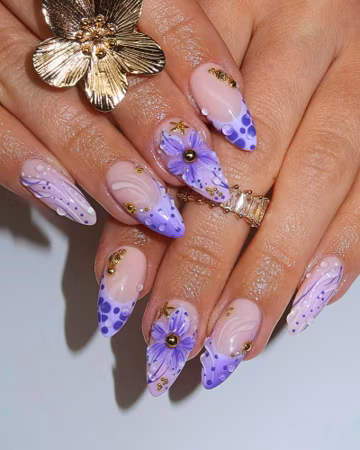 Purple 3D Flower Medium Almond Press On Nails, Handmade Gel Mermaid Summer Nail Set