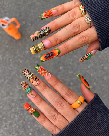 Handmade 3D Flower Long Square Press On Nails, Tropical Summer Holiday Nail Set