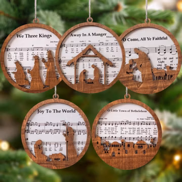 Pack of 5 Nativity Scene Christmas Ornaments, Wooden Christian Religious Ornament, Music Sheet Birth of Jesus Decor, Faith Keepsake Gift