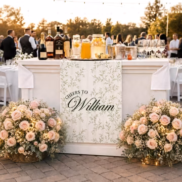 Personalized Wedding Bar Runner, Blush Striped Linen Cocktail Station Banner, Custom Names Date Outdoor Reception Drink Table Decor