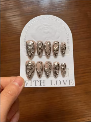 y2k metal black silver chrome nails |Reusable Press on Nails |3d Punk Style Gothic Nails |Almond Nails