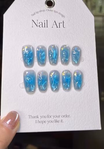 Glitter 3D Ocean Blue Sea Waves Cat Eye Nail Chrome Aurora Press on Nail |Beautiful Fun Ocean Inspired Nails |Summer Holiday Nail