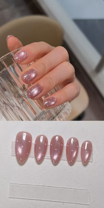 Jelly Pearl Aurora Donut Glazed Chrome Pink Cat eye White Polka Dots Nails |Minimalist Press on Nails |Cute Short Nails