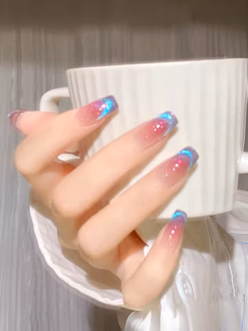 Glittery Pinky Red Blush Blue Cat Eye French Style Reusable Nails| Press on Nails | Beautiful Nails | Short nails