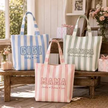 Personalized Embroidered Patchwork Mama Grandma Striped Tote Bag, Custom Embroidery Kids Names Canvas Bag, Gift for Mom Gigi Nana