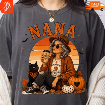 Spooky Nana Halloween Shirt, Vintage Pumpkin Spice Latte Graphic, Cozy Fall Gift for Coffee Loving Nana