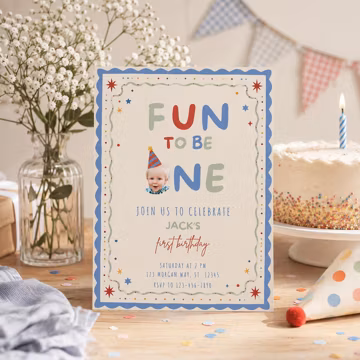 Fun to Be One Birthday Bundle, Baby Boy First Birthday Invitation (Digital Download)