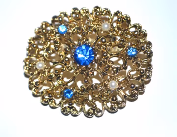 Vintage Brooch Blue and Pearls Open Filigree