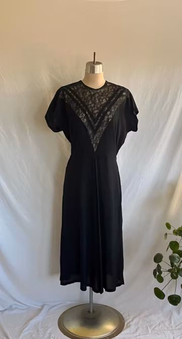 1940s Black Rayon and Lace Semi Sheer Cocktail Dress - Size M - Pin Up - Holiday - Rockabilly - Dolman Sleeve