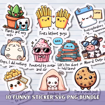 Kawaii Funny Stickers SVG PNG Bundle, Sacrcastic Printable Clipart, Digital Planner Stickers, Sarcasm Adult jokes, Goodnotes Witty stickers