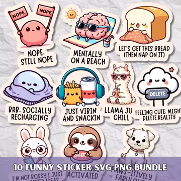 Kawaii Sarcastic Sticker SVG PNG Bundle, Funny Adult Humor Quotes, Printable Cute Cliparts for Journal, Digital Planner | Goodnotes Stickers