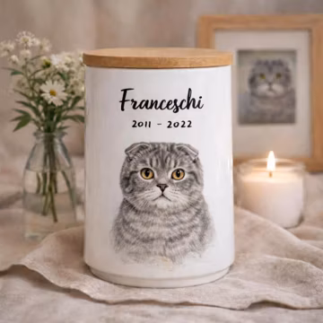 Hand-Painted Ceramic Pet Urn, Custom Dog Cat Portrait Memorial, Personalized Ashes Jar