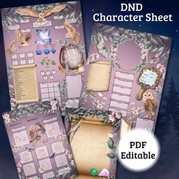 Owl Forest Druid 5E Character Sheet: Rose Pink D&D Printable (PDF Download A4 Size)