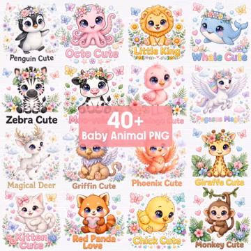 40+ Baby Animal PNG Bundle, Kawaii Nursery Animal Clipart, Baby Onesie PNG, Toddler Shirt Designs, Sublimation Clipart, Cute Kids PNG