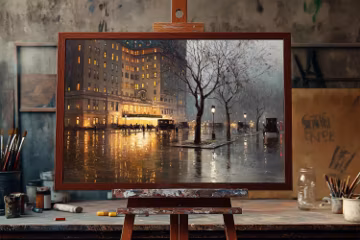 Moody Rainy New York Street Scene Oil Painting | Urban Night Cityscape | Fine Art Wall Decor | Savoy Hotel Ambience | Fine Art Oil Painting