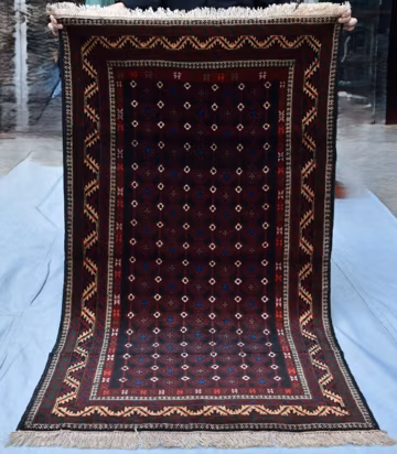 Vintage Baluchi Wool Rug (3x6 FT) Dark Navy Espresso Geometric Diamond Carpet, Traditional Boho Living Room Hand Woven Area Rug.