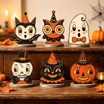 Vintage Halloween Decor Indoor,Primitive Halloween Decor,Retro Wooden Block for Shelf Decor,Skeleton,Cute Ghost,Pumpkin,Witch Owl,Black Cat