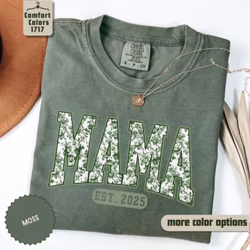 Comfort Colors Custom Mama Shirt, Green Toile T-Shirt, Custom Est Year Tshirt for Mom, Baby Shower Gift, Mothers Day Gift,Mom Birthday Gift