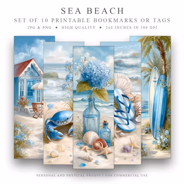 Beach Themed Bookmarks Digital Download (JPG, PNG), Coastal Ocean Designs, Printable Summer Bookmarks, Watercolor Beach Reading Gift