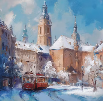 Winter Old Town Tram Cross Stitch Pattern • Snowy Cityscape Embroidery PDF • Vintage Red Tram Counted Cross Stitch Design