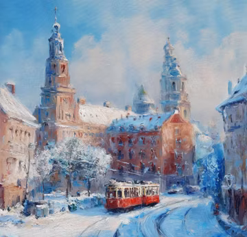 Winter Old Town Tram Cross Stitch Pattern • Snowy Cityscape Embroidery PDF • Vintage Red Tram Counted Cross Stitch Design