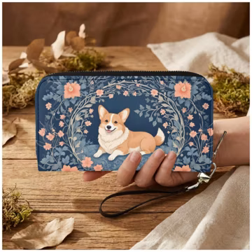 Corgi Womens Zip Around Wallet, Blue Floral PU Leather Wristlet Phone Clutch Gift for Dog Lover
