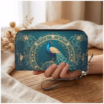 Peacock Womens Zip Around Wallet, Teal Gold PU Leather Wristlet Phone Clutch Gift for Peacock Lover