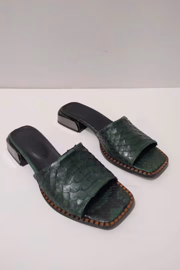 Women's Genuine Python Leather Green Slide Sandals – Handmade Heeled Mules K.100